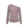 Top Asimétrico de Hombro Rayado Unbdns Rojo para Mujer, Nuevo Estilo Otoño, Corte Ajustado, Camiseta Manga Larga Corta, Moderno