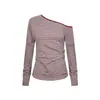 UNBDNS Camiseta de Manga Larga a Rayas de un Solo Hombro Estilo Retro Americano de Alta Gama para Mujer Otoño Nueva Ajustada Transpirable Tendencia