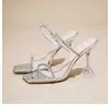 Sandalias de Tacón Alto con una Sola Tira de Pedrería Nuevas de Verano 2023 para Mujer, Tacón Fino, Transparentes, Impresionantes Sandalias de Tacón Alto Plateadas