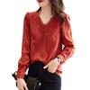 Top de Encaje Primavera y Otoño 2025 Nuevo Cuello en V Retro Elegante Elegante Camisa de Manga Larga Roja China para Mujer