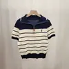 Top de Verano de Moda con Cremallera, Manga Corta, Tejido de Punto, Solapa Rayada Bordada, Estilo Francés, Ajuste Delgado
