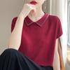 Verano Nuevo Polo Cuello Camiseta Tejida Manga Corta Mujer Suelta Solapa Perforación Caliente Tencel Delgada Transpirable Camiseta Top