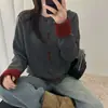 Cardigã de tricô com gola redonda para mulheres, top de cor contrastante, peça íntima, novo estilo outono e inverno, casaco externo solto, senso de design, suéter casaco casual
