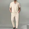 Traje Fresco de Color Sólido para Hombre Estilo Europeo y Americano Primavera y Otoño 2026 Cuello Waffle Manga Corta Cremallera Pantalón Largo Verano Fresco