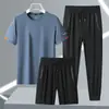 [Directo del Fabricante] Conjunto de Tres Piezas para Hombre de Verano de Seda Helada Transpirable Deportivo Casual Cuello Redondo Manga Corta Moda de Alta Calidad