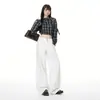 Yechuan # Jeans de Tiro Alto de Pierna Ancha Color Caqui Americano para Mujer, Holgados, Ceñidos y Versátiles, Pantalones Rectos Estilo Perezoso