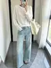 Jeans versátil azul claro lavado com efeito bigode de gato, corte reto solto para mulheres, novas calças casuais de cintura média, corte slim, perna larga 6016