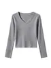 92% Algodón 230g 40s Hombro Normal Cuello en V Para Superponer Corte Delgado Manga Larga Camiseta Otoño e Invierno Estilo Básico Elástica Capa Base