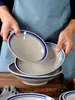 Cuenco Pequeño de Cerámica Rústica Antiguo para Uso Comercial en Restaurantes de Hot Pot, Cuenco Pequeño para Ingredientes, Cuenco para Platos, Cuenco Plano con Borde Azul de Doble Línea, Cuenco de Arroz de Cerámica