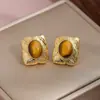 Pendientes Vintage Estilo Maillard de Piedra Ojo de Tigre Chapado en Cobre Oro Real Moda Elegantes Pendientes Geométricos de Gama Alta Pendientes de Otoño e Invierno