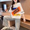 2023 Novo Verão Estilo Coreano Letras Estampadas Ins com Capuz Curto Patch Manga Curta Camiseta Feminina Tamanhos Grandes Tops