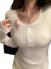 Camiseta de Manga Larga con Cuello U Estilo Deseo Puro para Mujer Invierno Chic de Un Solo Botón Ajustada Top Irregular