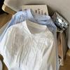 Foto Real Camisa Feminina com Laço Francês e Design de Renda em Corda, Elegante, Redutora de Idade, Base para Roupa, Top da Moda