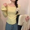 Top de Punto para Mujer de Principios de Otoño, Delgado, Plisado, Cuello Bajo Amplio y Mangas de Campana, Camisa Básica