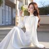 Participar de Ocasiões Importantes Temperamento Socialite High-end Deusa Leque Luz de Luxo High-end Senso Super Bonito Vestido branco Primavera