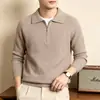 Polo Masculino de Tricô com Meio Zíper Estilo Old Money Transfronteiriço Outono Inverno Textura de Costela Vertical Camisa Base Casual de Negócios com Gola