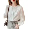 Camisa para Mujer 2026 Primavera y Otoño Nuevo Estilo Manga Larga Cuello Redondo Jacquard Chic Francés Encaje Calado Camisa Blanca A3441