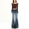 Jeans Rectos de Pierna Ancha Azules Estilo Retro Americano con Bolsillo de Solapa Pantalones Largos para Primavera