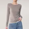 Colección Primavera 2026 Tencel Lana Cachemir Cómodo Alta Elasticidad Cuello Redondo Bloque de Color Falso Dos Piezas Camiseta Base Top Casual para Mujer