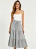 Saia Midi Plissada Elástica com Cordão, Cintura Alta, Estilo Europeu e Americano para Mulheres, Saia Fluida Evasê, Color Sólida Versátil e na Moda