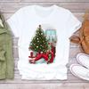 Feliz Navidad Árbol de Navidad Papá Noel Cuello Redondo Moda Manga Media Camiseta Base Simple para Mujer Camiseta de Manga Corta para Mujer