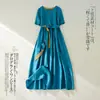 Vestido de Verano 2025 Estilo Étnico Lino Puro Manga Corta Cintura Ceñida con Correa Cuello en V Estilo Occidental Artístico Ajustado Línea A Largo
