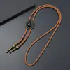 Gravata Bolo Oval Retrô com Pedra Negra Unissex Cordão Trançado Estilo Cowboy Ocidental Pingente de Metal Gravata Borboleta