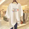 Camiseta de Algodão Puro Estilo Japonês Floral com Estampa de Letras Verão 2025 Oversized Solta Manga Curta Branca Camiseta Básica