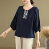 Camiseta de algodón y lino con bordado étnico para mujer, estilo vintage artístico, informal, holgada, de verano, disponible en stock.