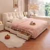 Tela de chenilla simple y moderna color crema estilo ins puff madera maciza dormitorio principal apartamento pequeño tatami cama de boda