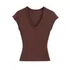 Top de punto sexy y seductor color mojito con cuello en V y mangas acampanadas pequeñas, camiseta versátil de verano de ajuste ceñido con costillas verticales para ceñir la cintura