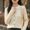 Cardigã feminino com gola polo, simples e elegante, adequado para o trabalho, jaqueta de tricô para primavera e outono, peça externa solta e que afina