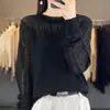 Blusa Feminina de Renda com Strass e Gola Franzida Estilo Retrô Francês Patchwork de Tule Doce Versátil Camisa Básica para Primavera/Outono e Verão