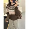 Suéter Jacquard Fair Isle Outono e Inverno para Mulheres, Tricô Color Block Gola Redonda, Peça Superior Macia Estilo Preguiçoso Quente e Aconchegante Vintage