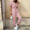 Ebay Verano Amazon 2025 Pantalones Largos Casuales para Mujer Europeos y Americanos con Cuello Solapa Botones Cinturón Estampado Mono de Trabajo