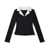 25 Novos Estilos de Outono Camisa com Gola Manga Longa Tops Casuais Camisas Básicas Camisetas Femininas Costura Estilo Europeu e Americano Cores Contrastantes