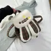 Mochila Fofa com Orelhas de Coelho Moda Doce para Menina Bolsa Xadrez de Lã Popular Bolsa de Mão Casual Mochila de Pelúcia