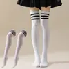 Meias Femininas de Algodão Listradas com Três Listras Acima do Joelho Cor Sólida Cano Alto Estilo Europeu e Americano Meias de Dança para Primavera e Outono Meias de Coxa para Cosplay