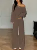 Comercio Transfronterizo Estilo Europeo y Americano Top sin Hombros de Manga Larga con Pantalones de Pierna Ancha hasta el Suelo Traje Casual Sexy para Mujer