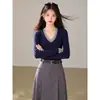 Suéter de punto con cuello bicolor de dos piezas falsas para mujer, nueva camisa básica ajustada de manga larga para principios de otoño