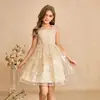 Tecido de malha bordado elegante e romântico para meninas, vestido midi acinturado em A, adequado para recepcionistas e ocasiões formais