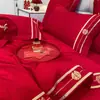 Juego de Ropa de Cama para Boda de Cuatro Piezas, Sábana y Funda de Edredón 100% Algodón Puro para Boda, Rojo Brillante, Para Recién Casados, 4 Dragones y Fénix Estilo Chino