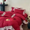 Romântico Francês Novo Casamento Algodão de Fibra Longa Manual Bouquet Bordado Renda de Algodão Puro Capa de Edredom Casamento Vermelho Dote Roupa de Cama
