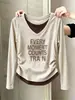 Camiseta de Algodón Puro de Manga Larga con Cuello en V, Estilo Falso Dos Piezas, para Mujer, Estilo Diseñador, Moderna, Versátil, Camiseta Base Negra, Principios de Otoño