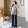 Camiseta base para maternidade para primavera e outono, camiseta de manga comprida, design solto de cauda de peixe para cobrir a barriga sem mostrar a gravidez, conjunto de duas peças para gestantes