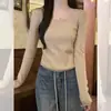 Suéter Tricot Básico Quadrado de Manga Longa com Barra Dobrada 2025 para Mulheres, Camisa Base Versátil para Outono, Slimming