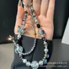 Corrente de celular rosa com contas misturadas de alto nível, corrente com laço e strass, enfeites pendurados, cordão de chave de cristal