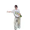 Camiseta de Algodão Puro de Comprimento Médio com Ombro Reto e Manga Curta para Mulheres 2026 Verão Novo Estilo Europeu Grande Caimento Solto Top que Cobre o Quadril m