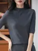 Nuevo suéter de punto de cuello medio alto transfronterizo, fina imitación de lana, diseño elegante con hebilla en la espalda, mangas tres cuartos, adecuado para todas las estaciones.