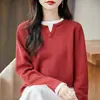 Elegante y versátil look de dos piezas suéter de punto de algodón puro con cuello redondo para mujer, otoño e invierno, ajuste holgado, adelgazante, capa base de punto, disponible para dropshipping